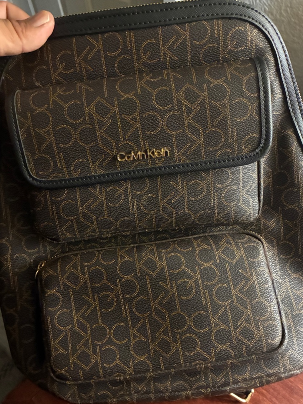 Calvin Klein Brown Monogram Backpack with Gold Logo